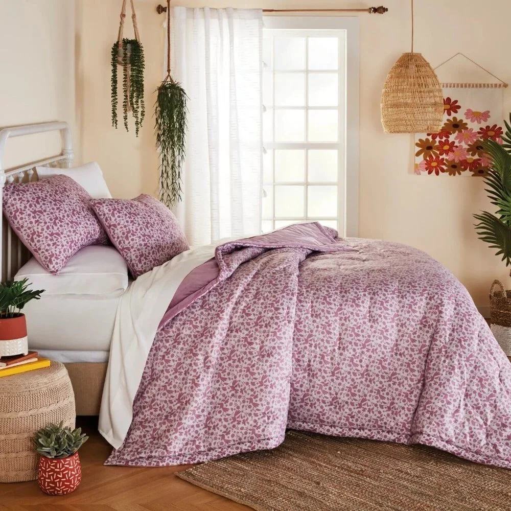 new Wild Sage Velvet Floral 3-pc Reversible 8lb KING Quilt Set Mauve Orchid Pink - Picture 3 of 8